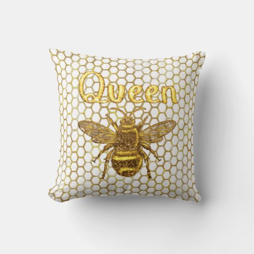 Gold Sparkling Queen Bee Gold Hexagon Beehive Thro Throw Pillow