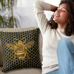 Gold Sparkling Queen Bee Gold Hexagon Beehive Throw Pillow