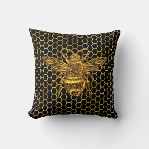 Gold Sparkling Queen Bee Gold Hexagon Beehive Throw Pillow
