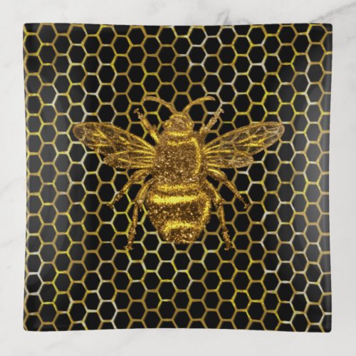 Gold Sparkling Queen Bee Gold Hexagon Beehive Trinket Tray