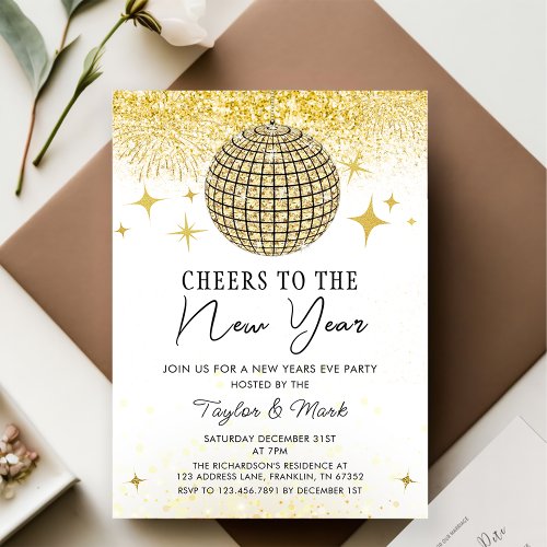 Gold Sparkly Disco Ball Cheers New Years Eve Party Invitation