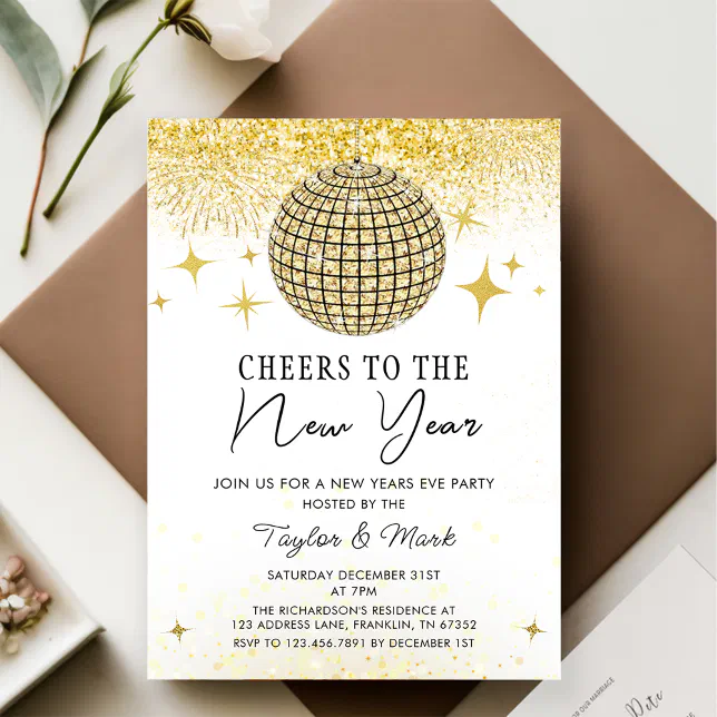 Gold Sparkly Disco Ball Cheers New Years Eve Party Invitation | Zazzle
