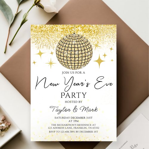 Gold Sparkly Disco Ball New Years Eve Party Invitation