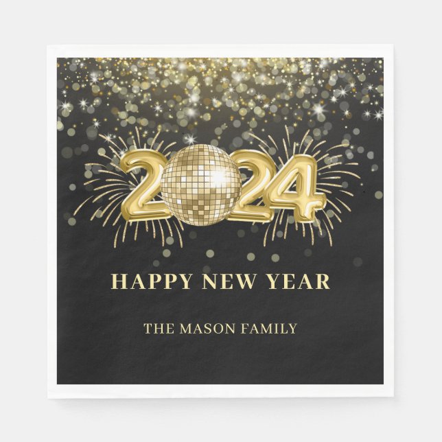 Gold Sparkly Disco Ball New Years Eve Party Napkins (Front)