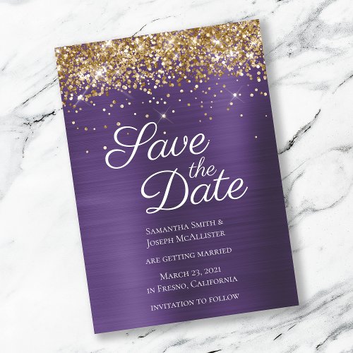 Gold Sparkly Glitter Dark Violet Ombre Foil Save The Date