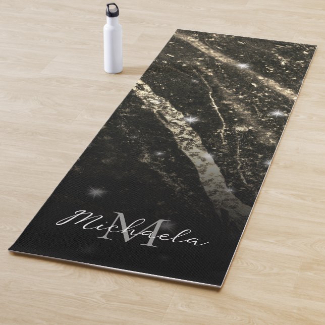 Gold sparkly line on black rock Monogram Yoga Mat (In Situ)