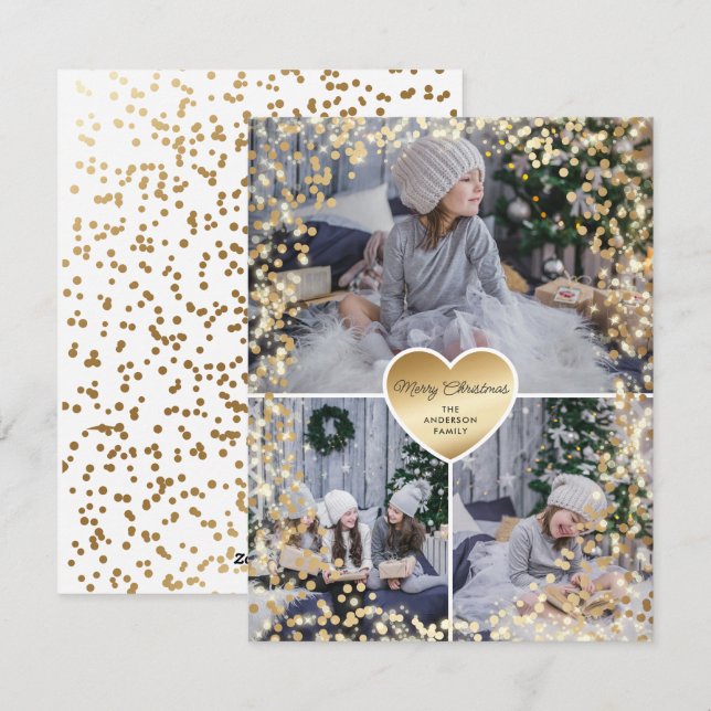 Gold Sparkly Photo Merry Christmas Holiday Card (Front/Back)