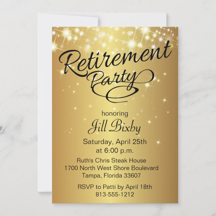 Gold Sparkly Retirement Party Invitation | Zazzle