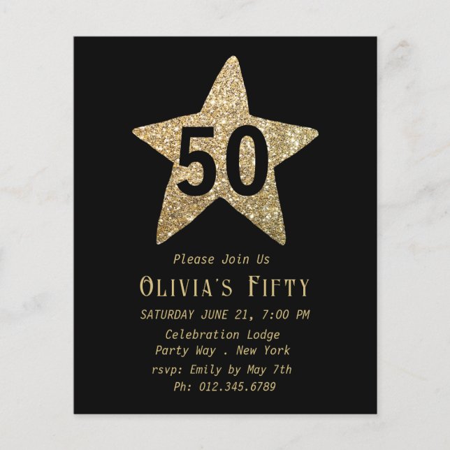 Gold Sparkly Star 50th Birthday Party Flyer (Front)