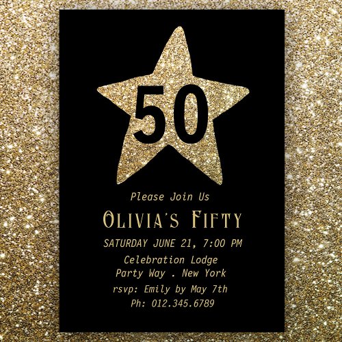 Gold Sparkly Star 50th Birthday Party Invitation