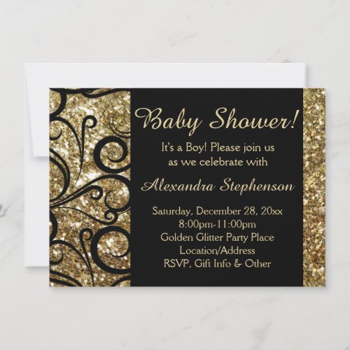 Gold Sparkly Swirl Boy Baby Shower Invitation