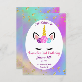 Gold Speckled Watercolor Floral Unicorn Birthday Invitation