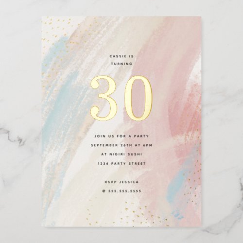 Gold Specs and Paint Strokes 30th Birthday Party F Foil Invitation Postcard