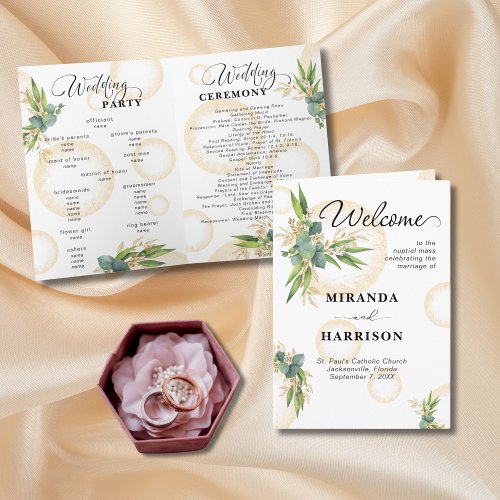 Gold Spheres and Botanical Wedding Program Card