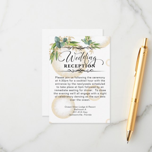 Gold Spheres and Botanical Wedding Reception Enclosure Card (Front/Back In Situ)