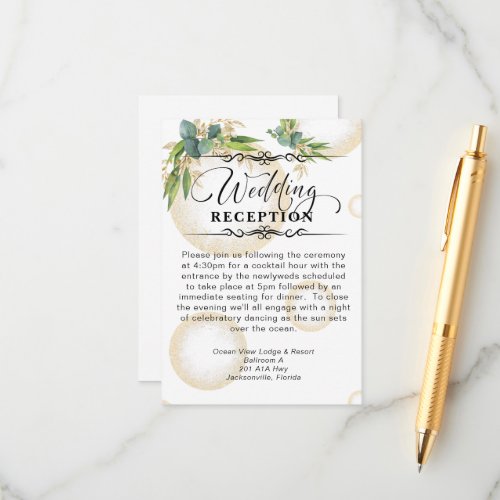 Gold Spheres and Botanical Wedding Reception Enclosure Card