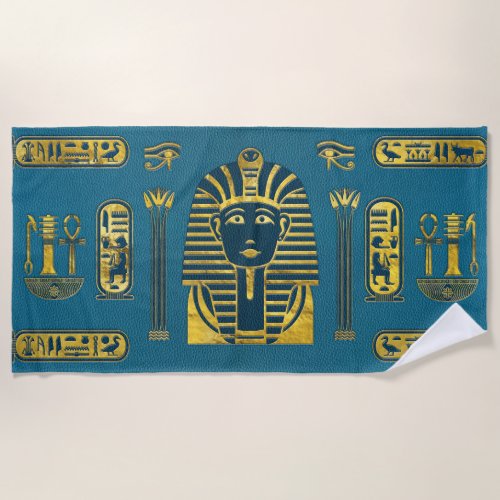 Gold Sphinx head with Egyptian hieroglyphs Beach Towel