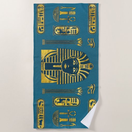 Gold Sphinx head with Egyptian hieroglyphs Beach Towel | Zazzle