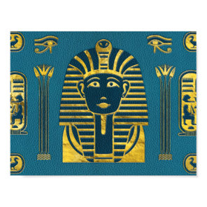 Gold Sphinx head with Egyptian hieroglyphs on blue Poster