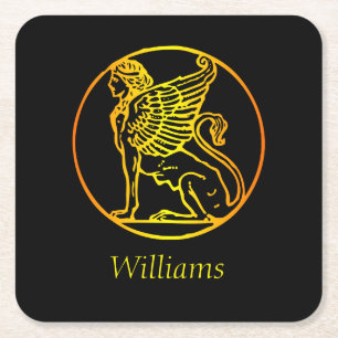 Gold Sphinx Round on Black Square Paper Coaster