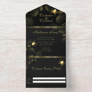 Gold Spiders Halloween Party All In One Invitation
