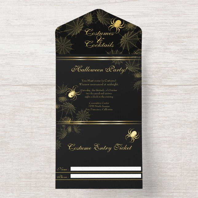 Gold Spiders Halloween Party  All In One Invitation (Inside)