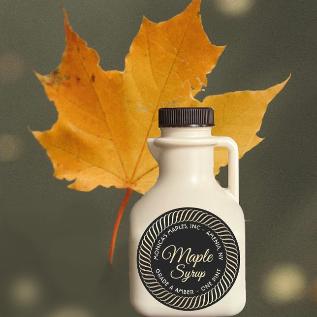 Gold Spiral Border Maple Syrup Label on Black (Creator Uploaded)
