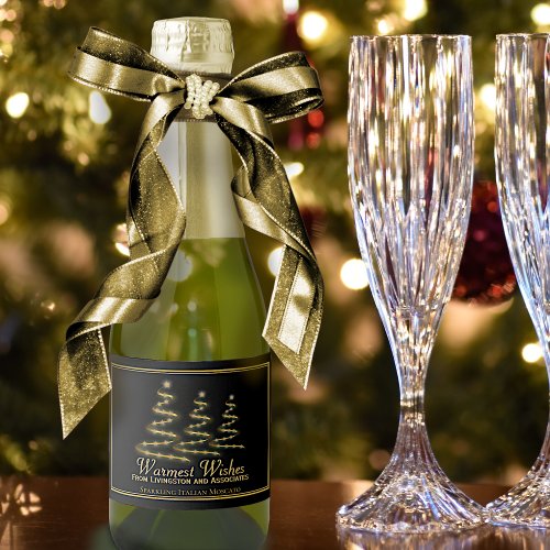 Gold Spiral Christmas Trees on Black Elegant Mini Sparkling Wine Label