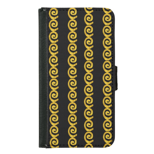 Gold spirals pattern on black samsung galaxy wallet case (Front)