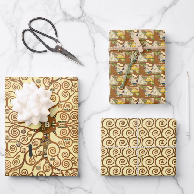 Gold Spirals Triangles Yellow Gustav Klimt Pattern Wrapping Paper Sheets (Front)