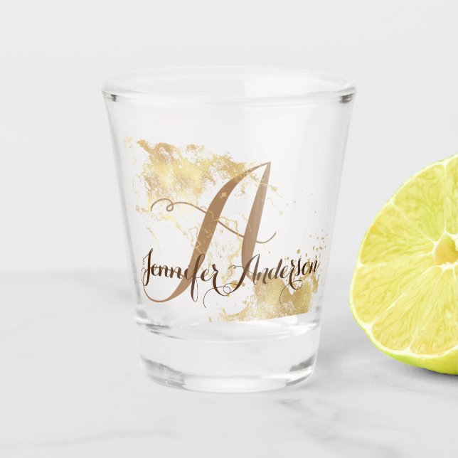 Gold Splash Glitter Monogram Name Script Shot Glass (Front)