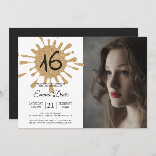 Gold Splash Sweet 16 16th Birthday Party Photo Invitation