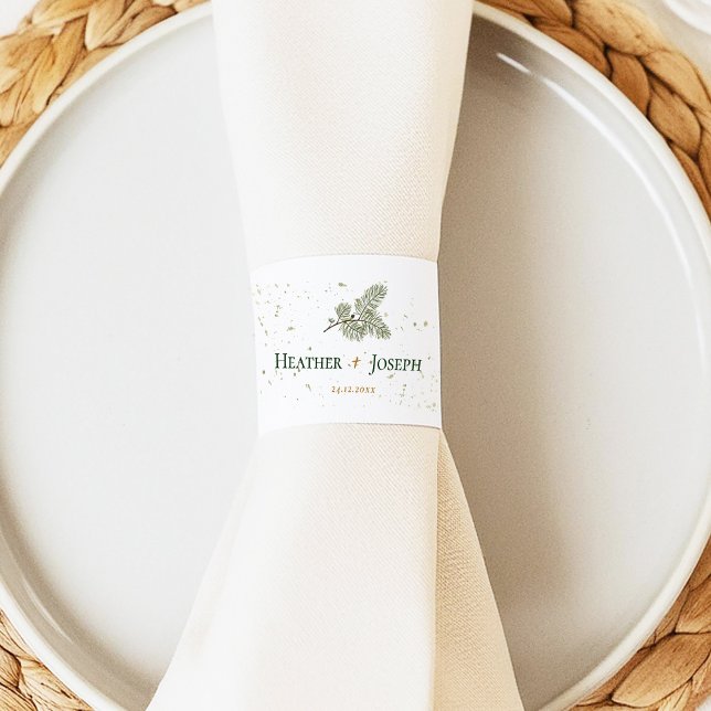 Gold Splash Whimsical Green Pine Cone Wedding Napkin Bands (Creator Uploaded)