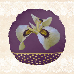Gold Splashes and Cream Siberian Iris on Purple Round Pillow