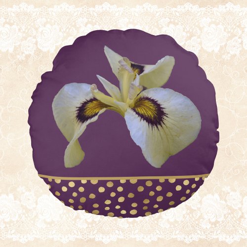 Gold Splashes and Cream Siberian Iris on Purple  Round Pillow