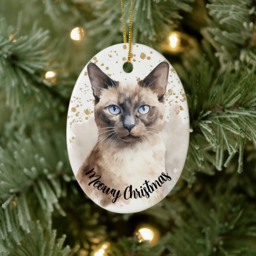 Gold Splatter Meowy Christmas Siamese Cat Ceramic Ornament