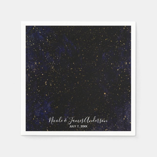 Gold Splatter Modern Chic Purple Blue Cosmic Party Paper Napkins (Front)