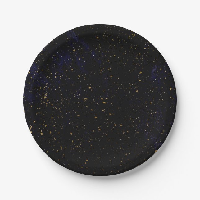 Gold Splatter Modern Chic Purple Blue Cosmic Party Paper Plates (Front)