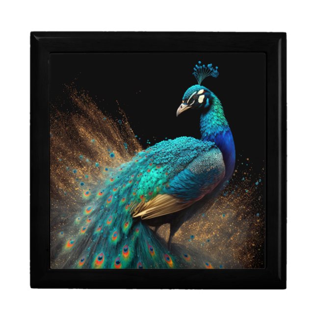 Gold Splatter Peacock Wooden Jewellery Box (Front)