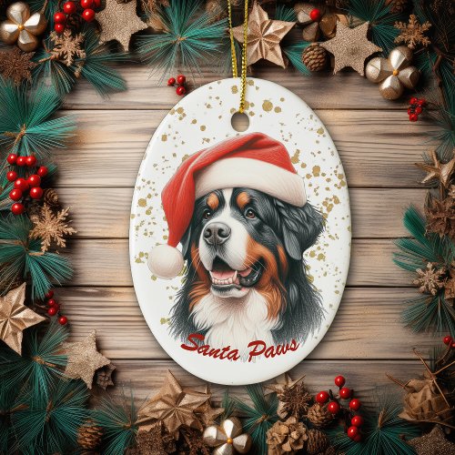 Gold Splatter Santa Paws Bernese Mountain Dog Ceramic Ornament
