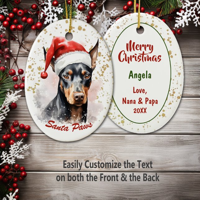 Gold Splatter Santa Paws Doberman Pinscher Ceramic Ornament (Creator Uploaded)