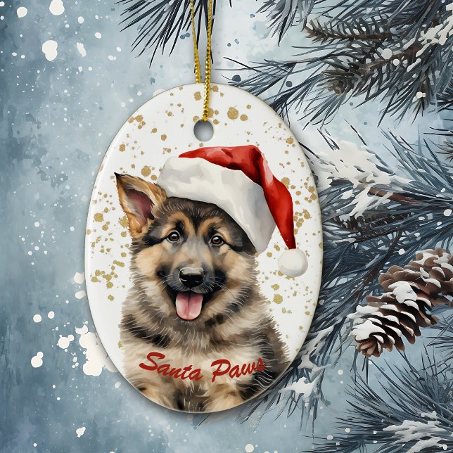 Gold Splatter Santa Paws German Shepherd Puppy Ceramic Ornament (Creator Uploaded)