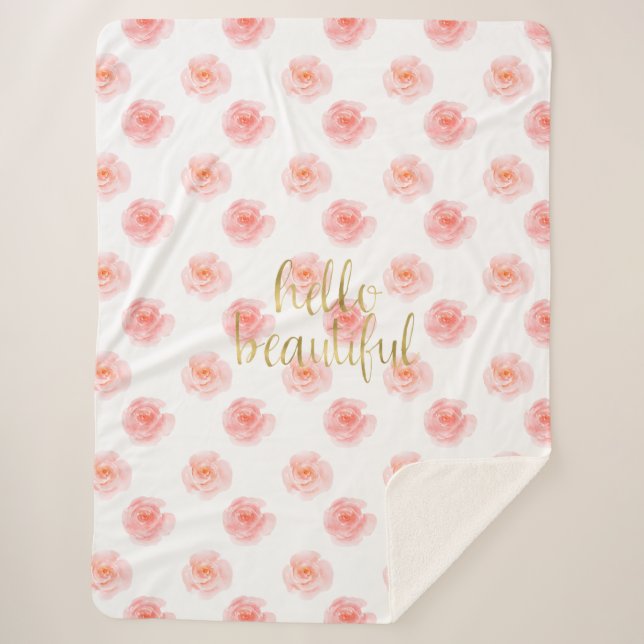 Gold Splatters Pink Roses Hello Beautiful Sherpa Blanket (Front)