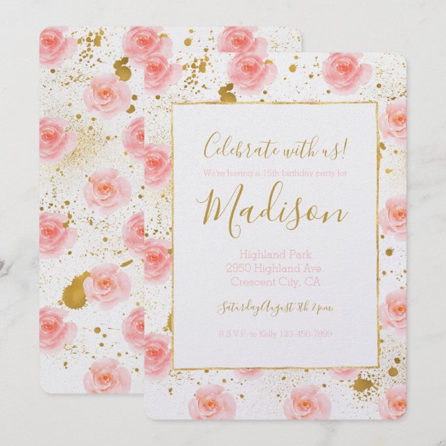 Gold Splatters Pink Roses Watercolor Birthday Invitation (Front/Back)