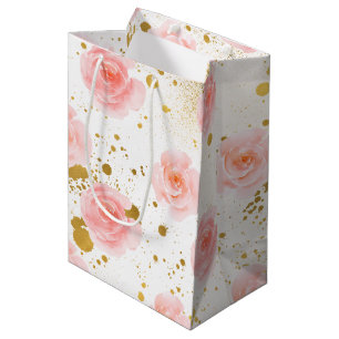 Gold Splatters Pink Roses Watercolor Medium Gift Bag