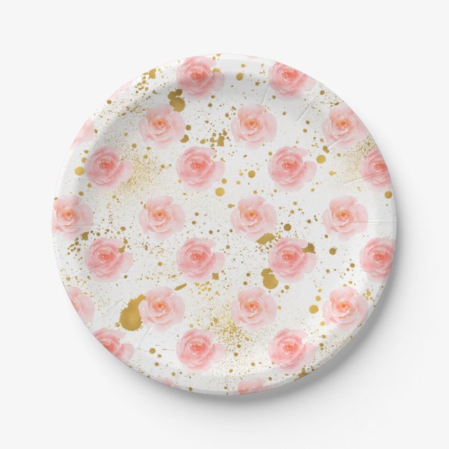 Gold Splatters Pink Roses Watercolor Paper Plates (Front)