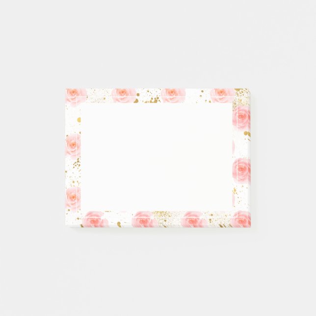 Gold Splatters Pink Roses Watercolor Post-it Notes (Front)