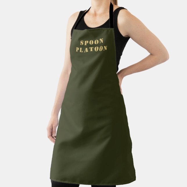Gold Spoon Platoon Typography Forest Green Kitchen Apron (Insitu)