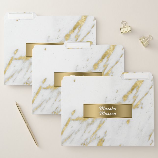 Gold Spotted Glitter White Marble File Folder (Set)