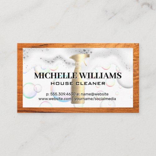 Gold Spray Bottle  Soap Suds  Wood Frame Business Card